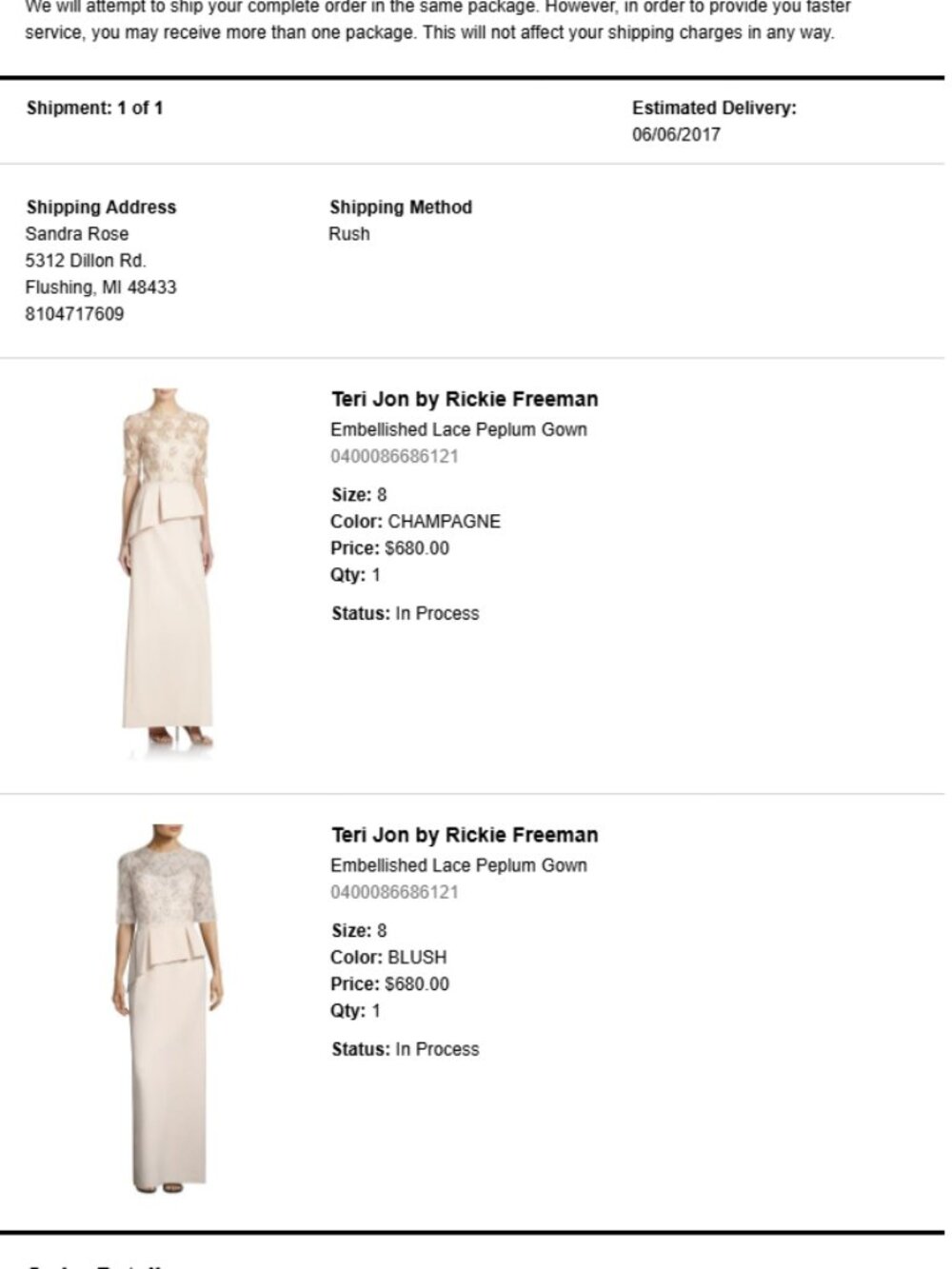 Teri Jon by Rickie Freeman — Embellished Lace Peplum Gown — Champagne — Size 8 —